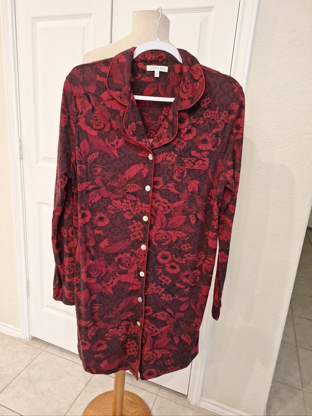 Johnny Was Burgundy and Red Floral Button-Front Sleep Shirt